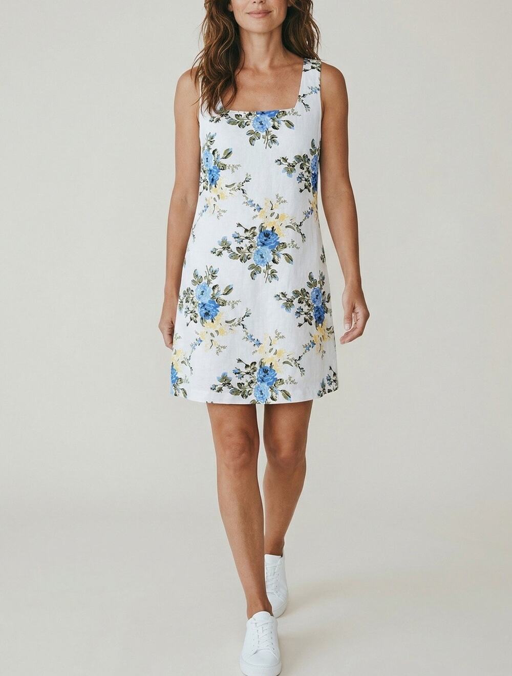 Laura Ashley Women's Floral Mini Dress Linen Blend Sleeveless Size S White Blue